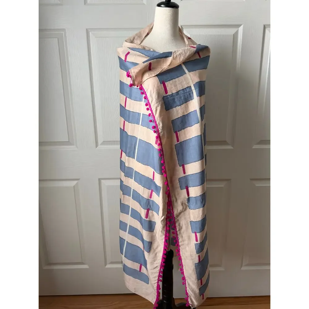 Gap NWT Tan Blue Geometric Scarf Wrap Pom Trim Cotton Blend Statement Festival